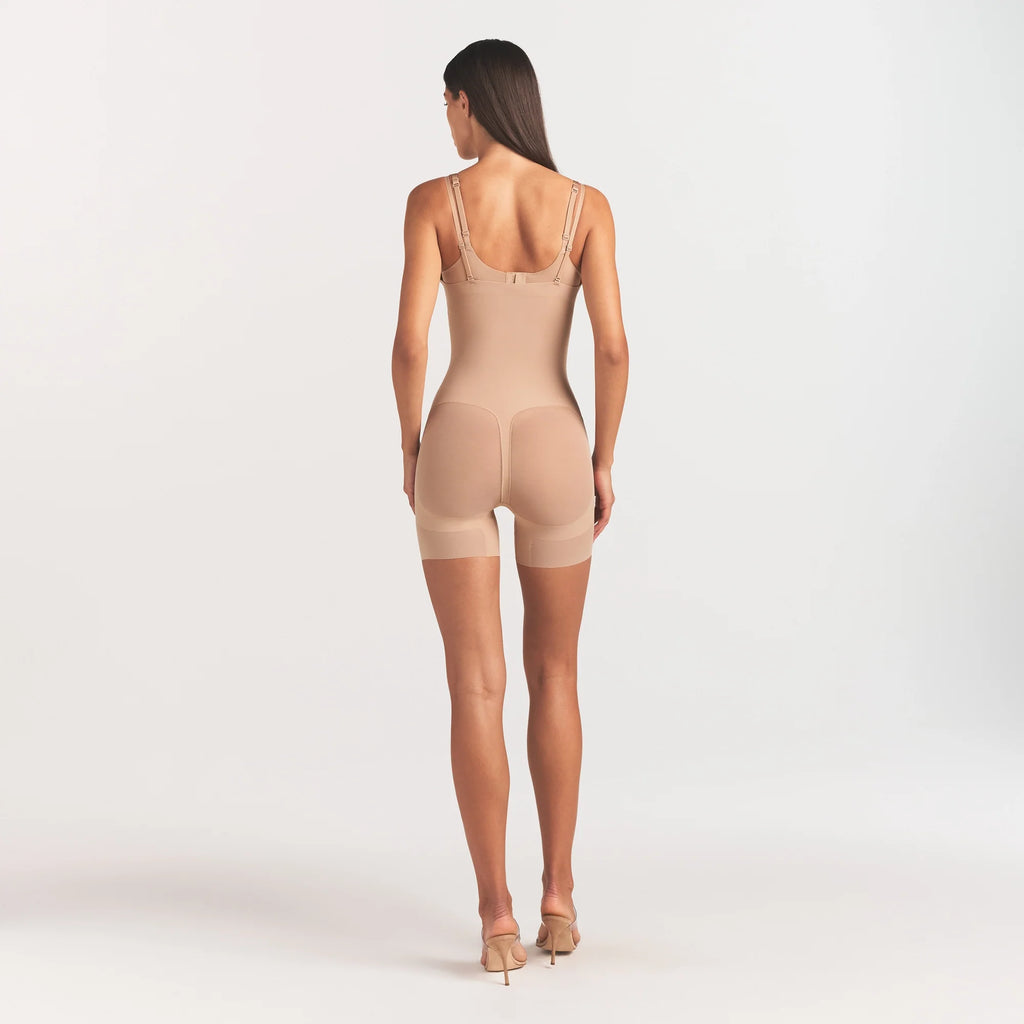 POWER MESH SHAPEWEAR CORE SCULPT OPEN BUST MID THIGH BODYSUIT | CLAY
