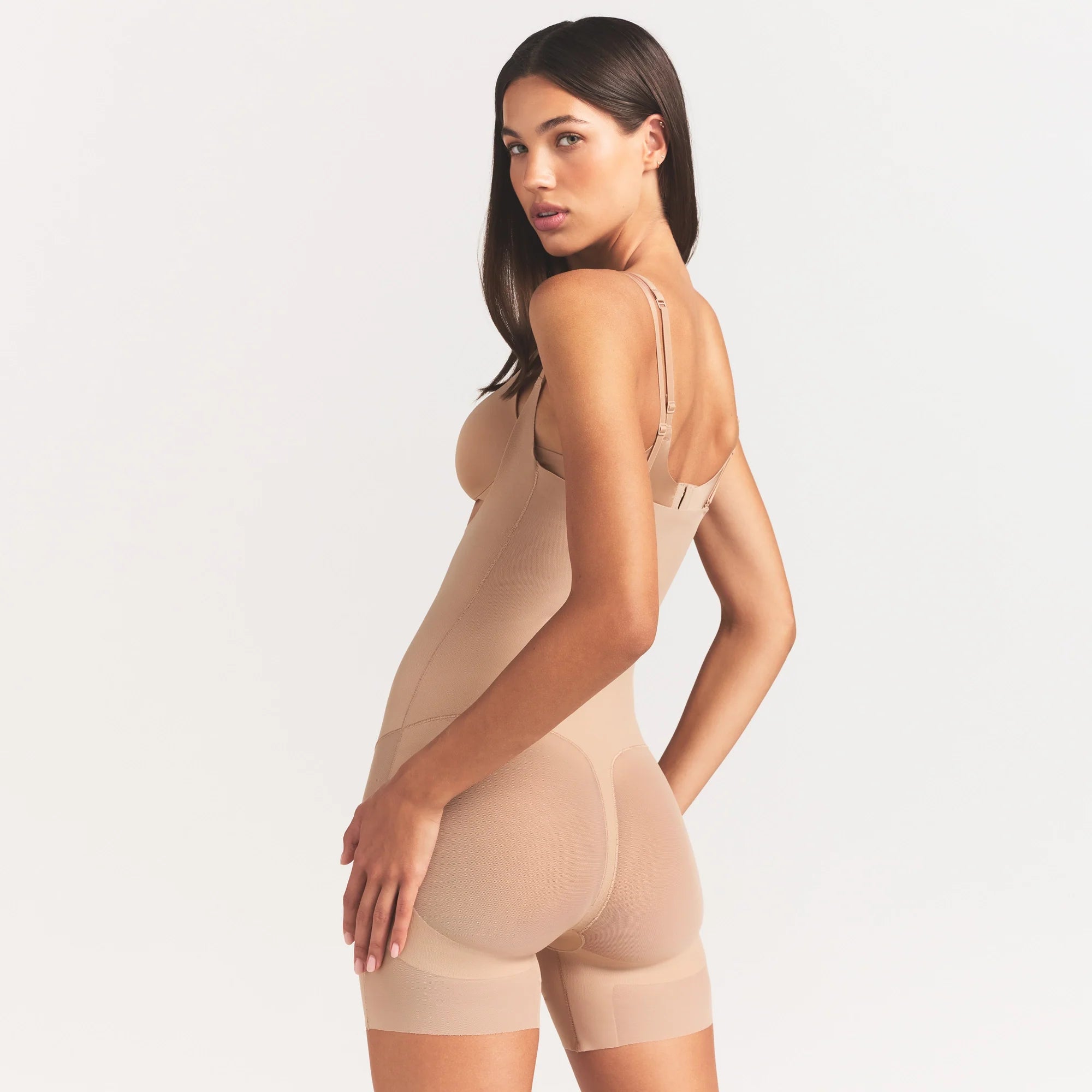 POWER MESH SHAPEWEAR CORE SCULPT OPEN BUST MID THIGH BODYSUIT | CLAY