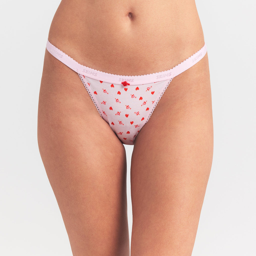 LIGHTWEIGHT COTTON LOGO PICOT STRING BIKINI | BABY PINK ARROWED HEARTS
