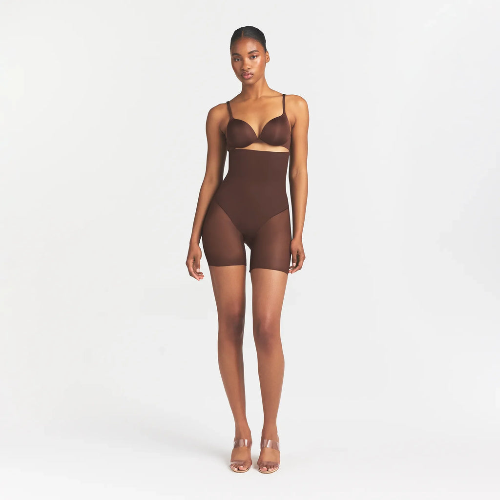 POWER MESH SHAPEWEAR CORE SCULPT HIGH-WAISTED MID THIGH SHORT | COCOA