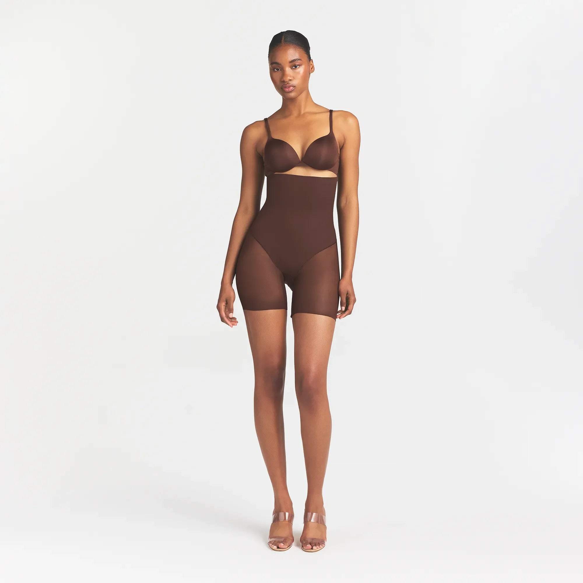 POWER MESH SHAPEWEAR CORE SCULPT HIGH-WAISTED MID THIGH SHORT | COCOA