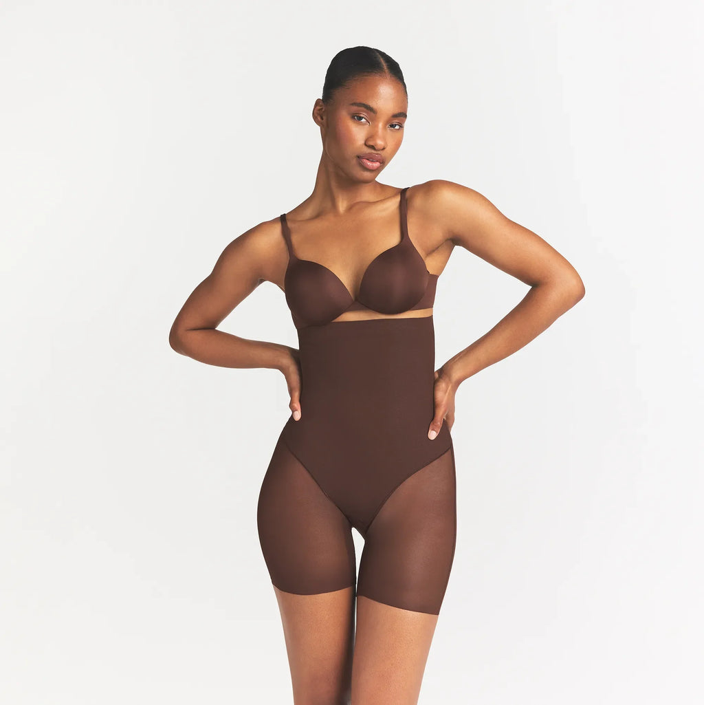 POWER MESH SHAPEWEAR CORE SCULPT HIGH-WAISTED MID THIGH SHORT | COCOA