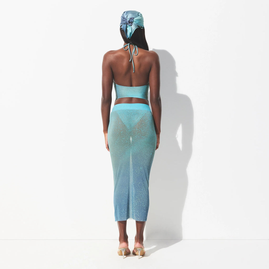 MESH COVER-UPS MIDI SKIRT | CYAN FK BODY PRINT