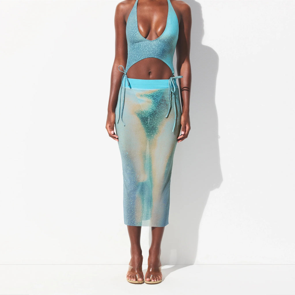 MESH COVER-UPS MIDI SKIRT | CYAN FK BODY PRINT