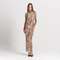 MILKY SHEER MOCK NECK LONG SLEEVE LONG DRESS | SAND MULTI ANIMAL