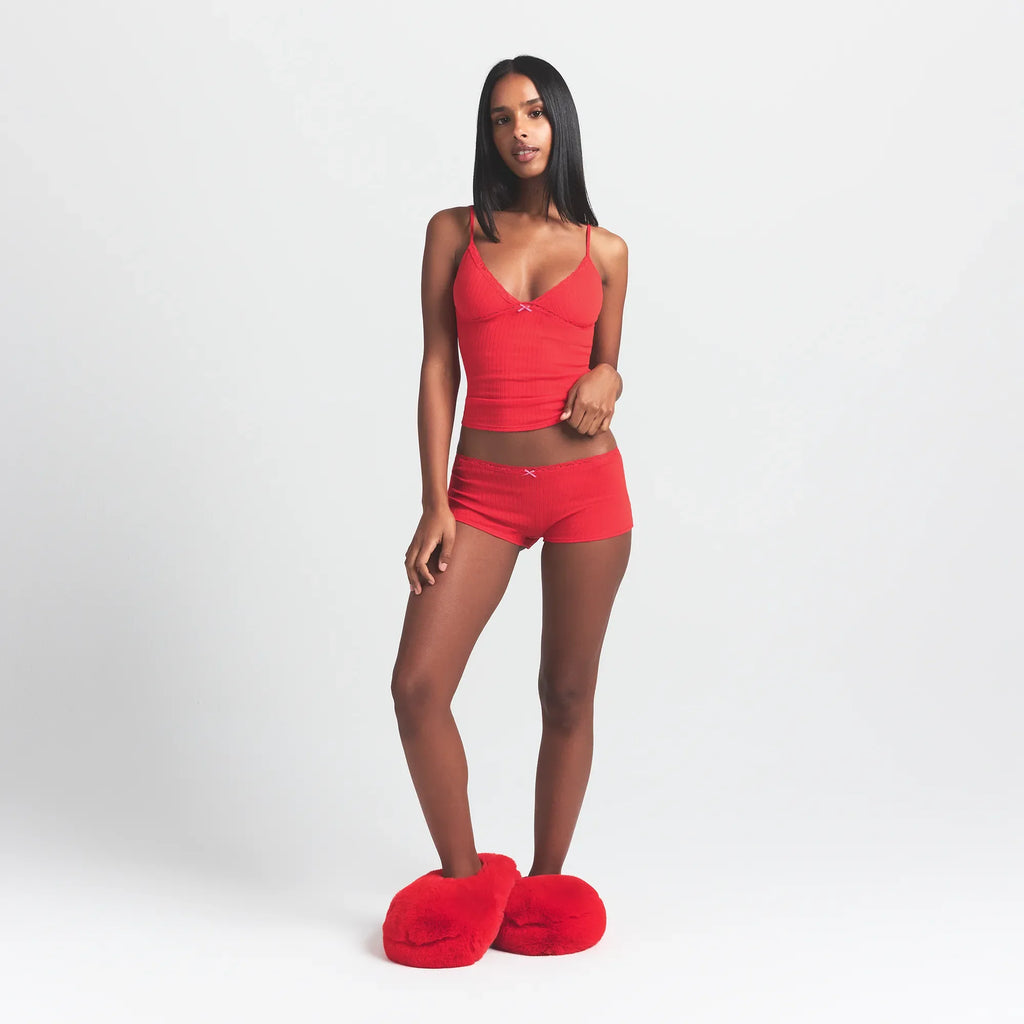 LIGHTWEIGHT COTTON POINTELLE LACE CAMI AND BOY SHORT SET | RUBY TONAL