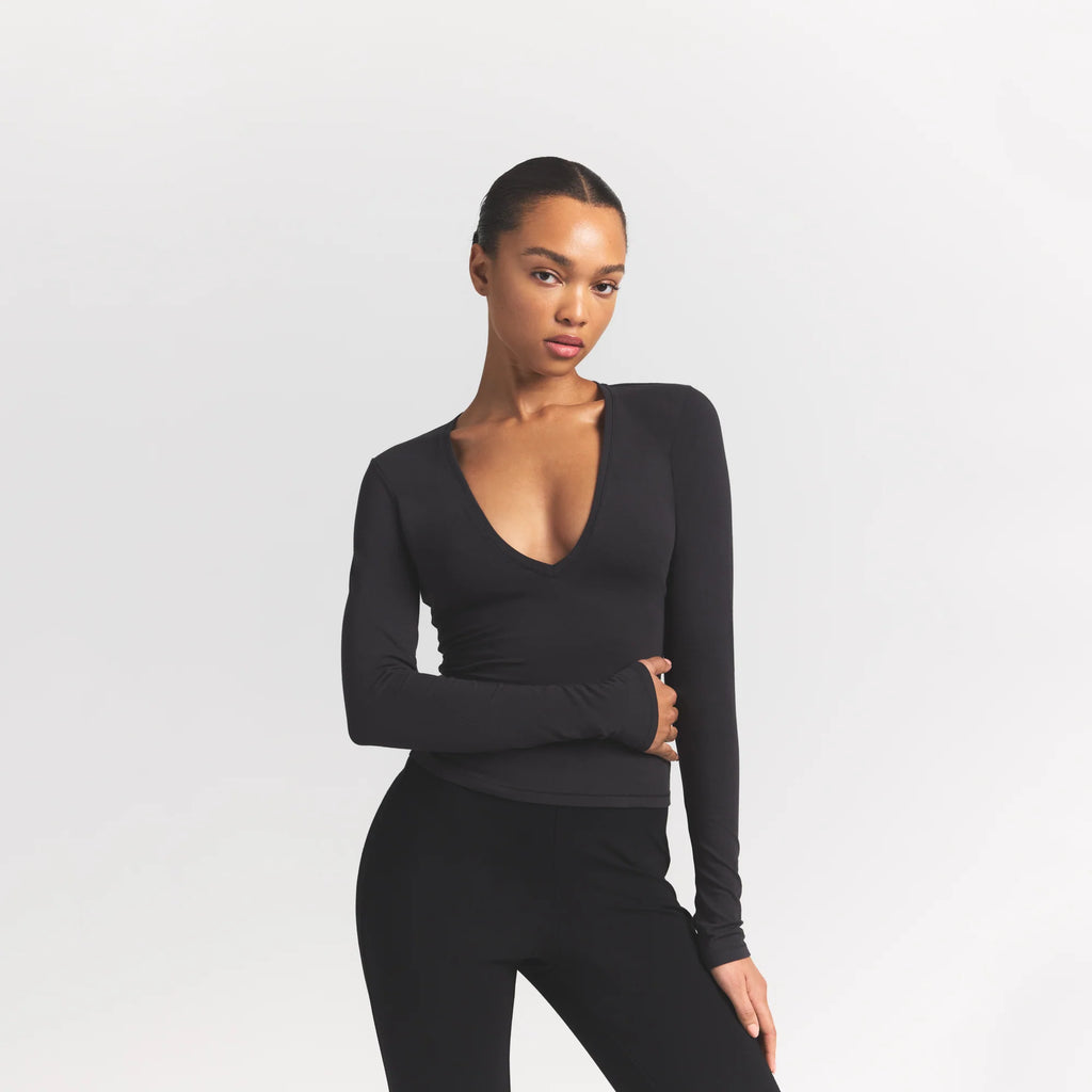 COTTON JERSEY LONG SLEEVE PLUNGE TOP | SOOT
