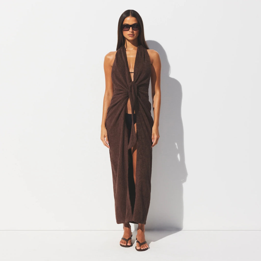TERRY COVER-UPS DEEP PLUNGE HALTER WRAP DRESS | DARK SEPIA