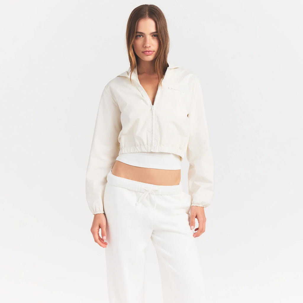 WOVEN COTTON CROPPED ZIP UP JACKET | EGRET