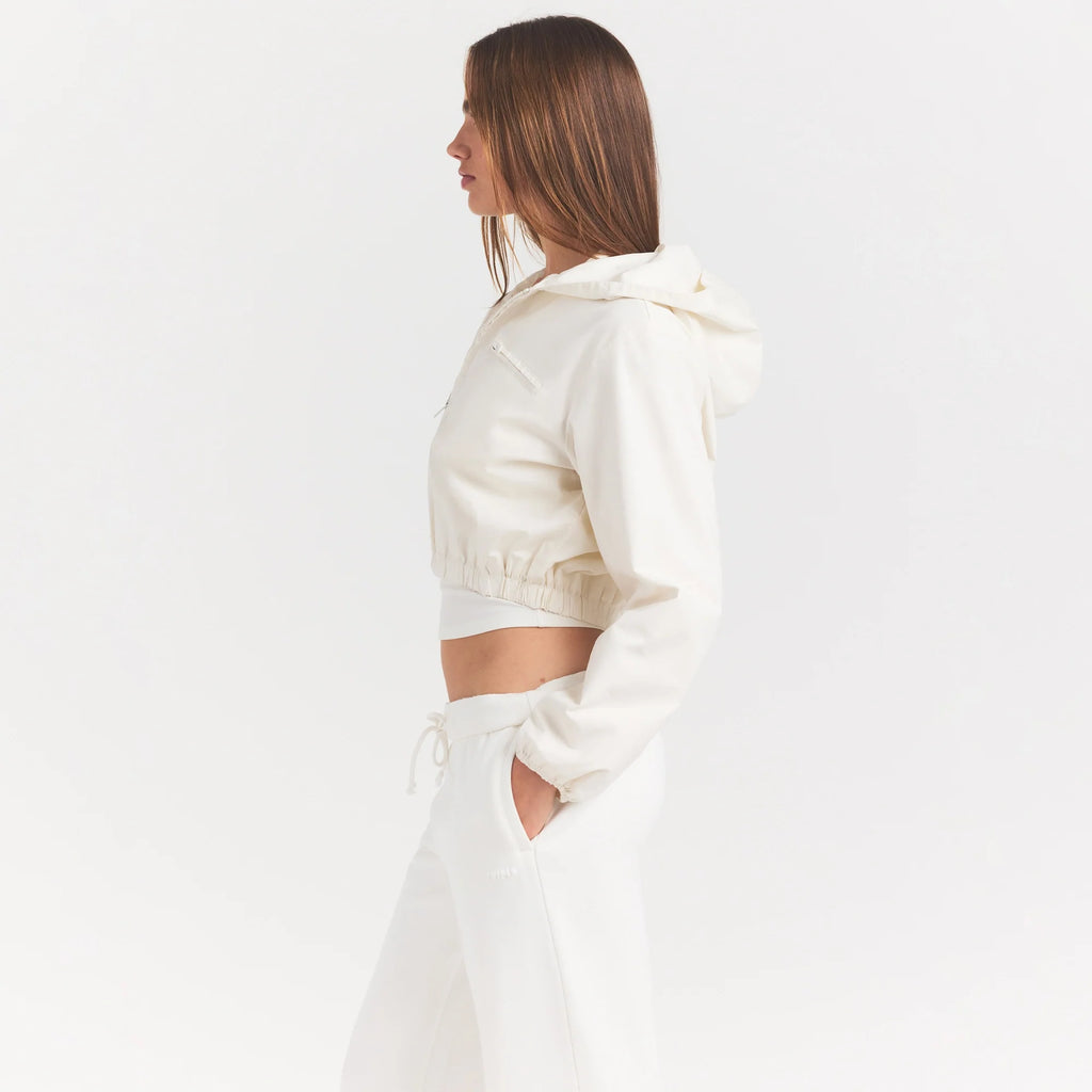 WOVEN COTTON CROPPED ZIP UP JACKET | EGRET