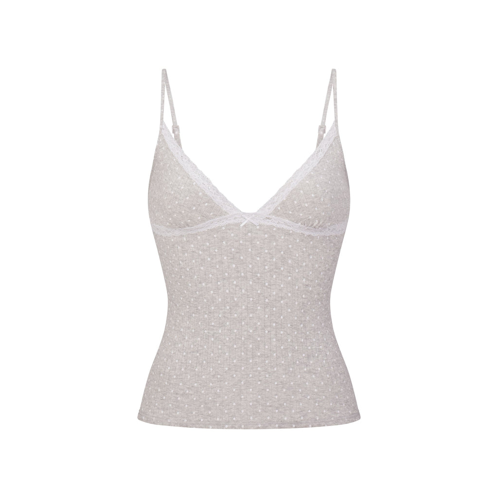 LIGHTWEIGHT COTTON POINTELLE LACE CAMI AND BOY SHORT SET | LIGHT HEATHER GREY PIN DOT