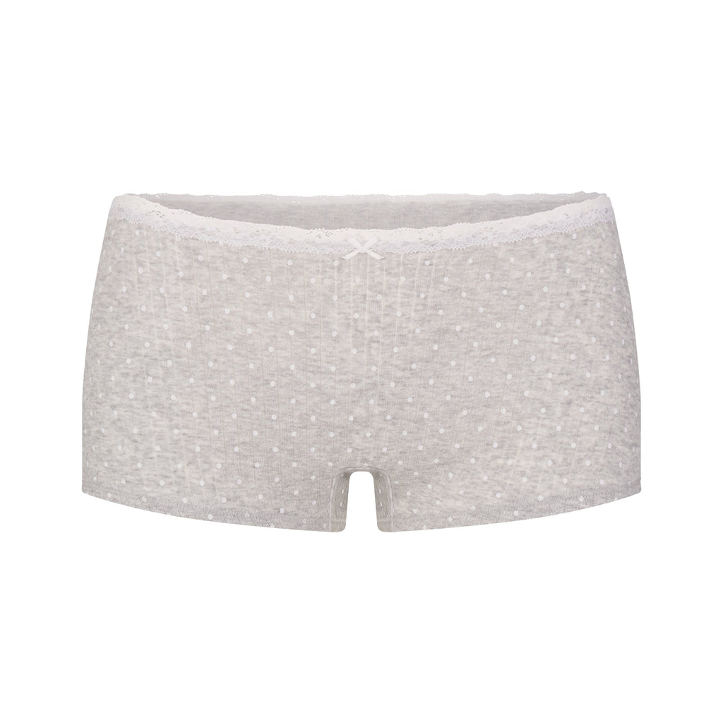 LIGHTWEIGHT COTTON POINTELLE LACE CAMI AND BOY SHORT SET | LIGHT HEATHER GREY PIN DOT