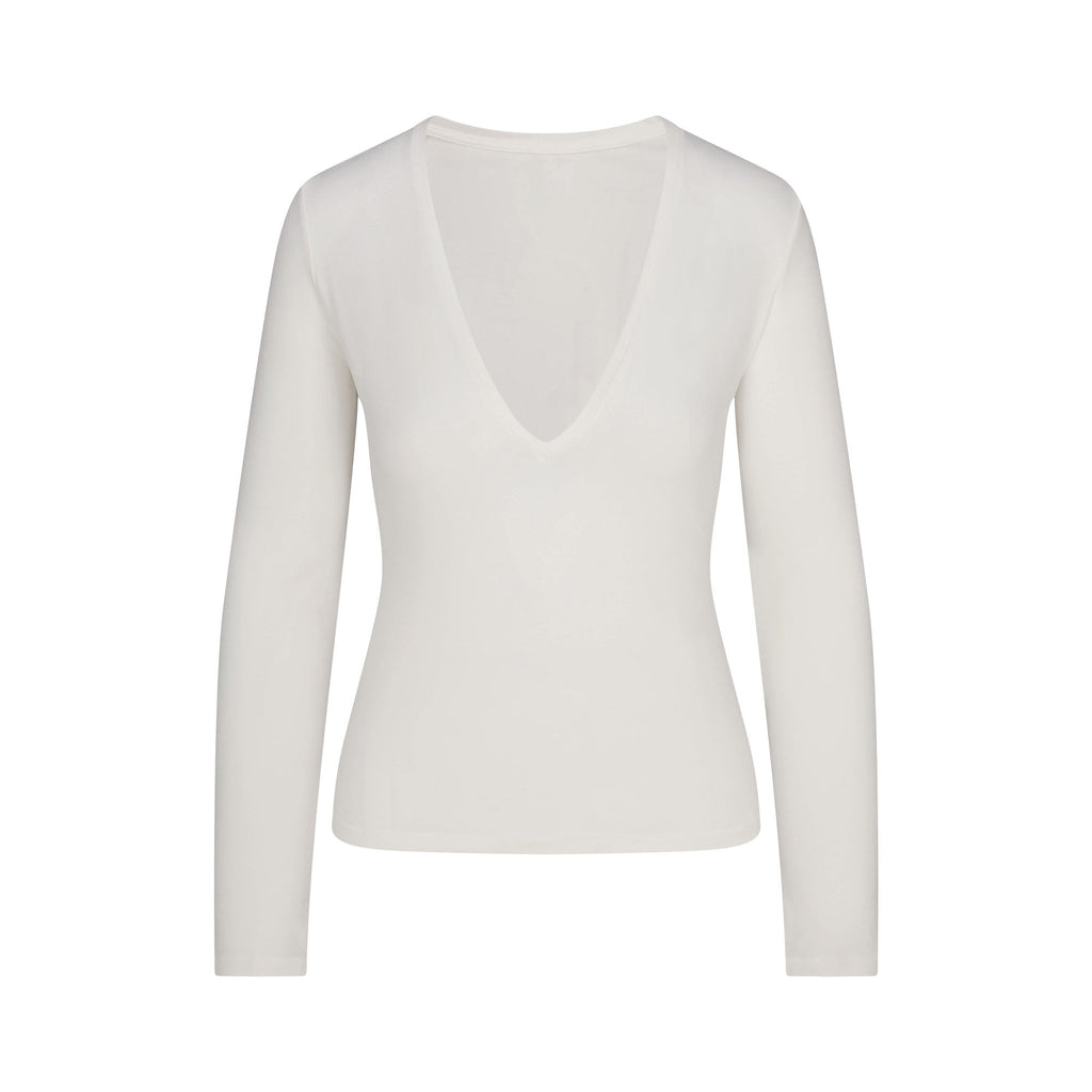 COTTON JERSEY LONG SLEEVE PLUNGE TOP | MARBLE
