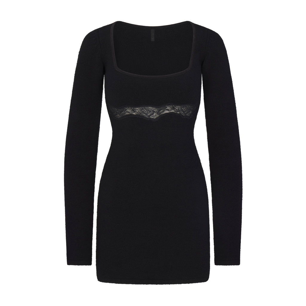 LACE KNIT LONG SLEEVE MINI DRESS | OBSIDIAN