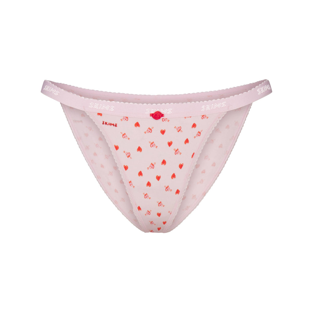 LIGHTWEIGHT COTTON LOGO PICOT STRING BIKINI | BABY PINK ARROWED HEARTS