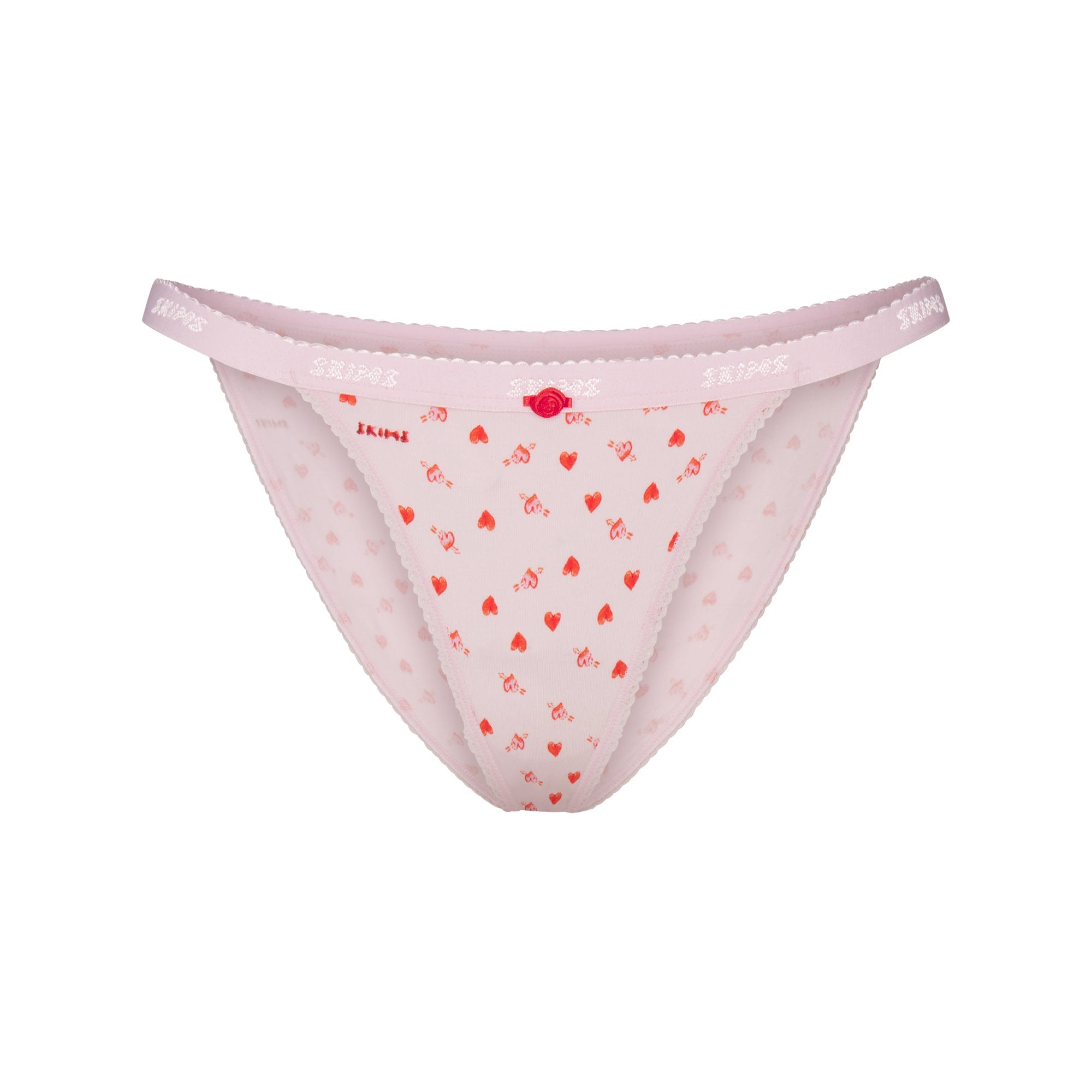 LIGHTWEIGHT COTTON LOGO PICOT STRING BIKINI | BABY PINK ARROWED HEARTS