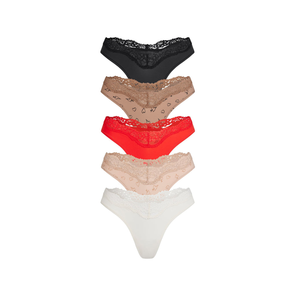 FITS EVERYBODY LACE DIPPED THONG 5-PACK | SKETCHED HEARTS MULTI