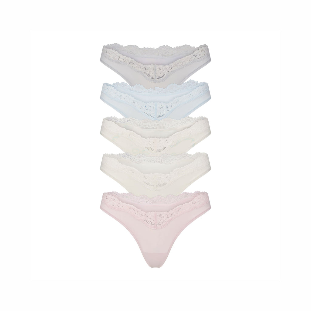 FITS EVERYBODY LACE DIPPED THONG 5-PACK | IVORY PEARL BOW MULTI