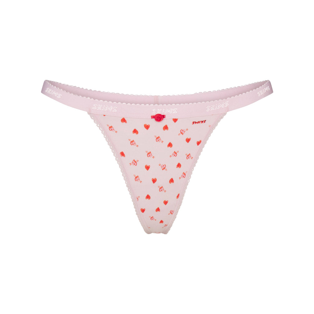 LIGHTWEIGHT COTTON LOGO PICOT THONG | BABY PINK ARROWED HEARTS