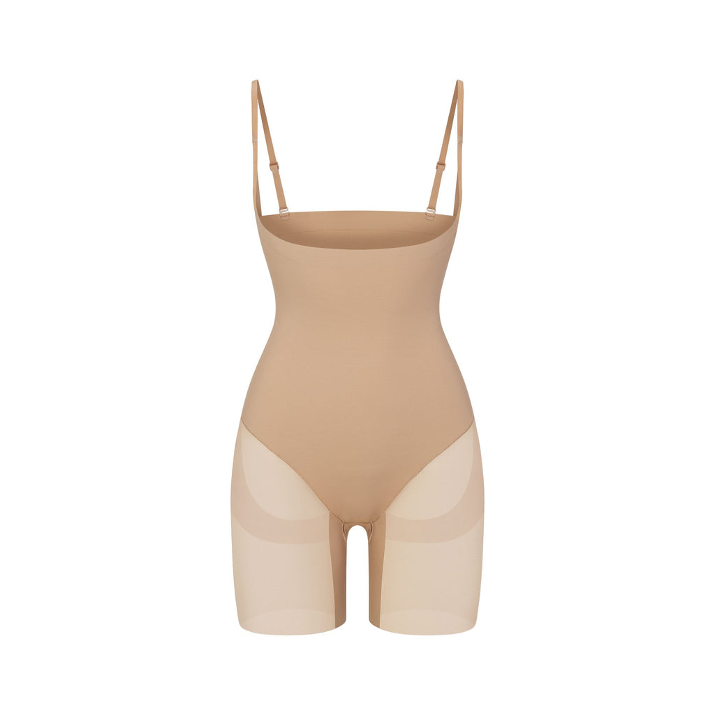 POWER MESH SHAPEWEAR CORE SCULPT OPEN BUST MID THIGH BODYSUIT | CLAY