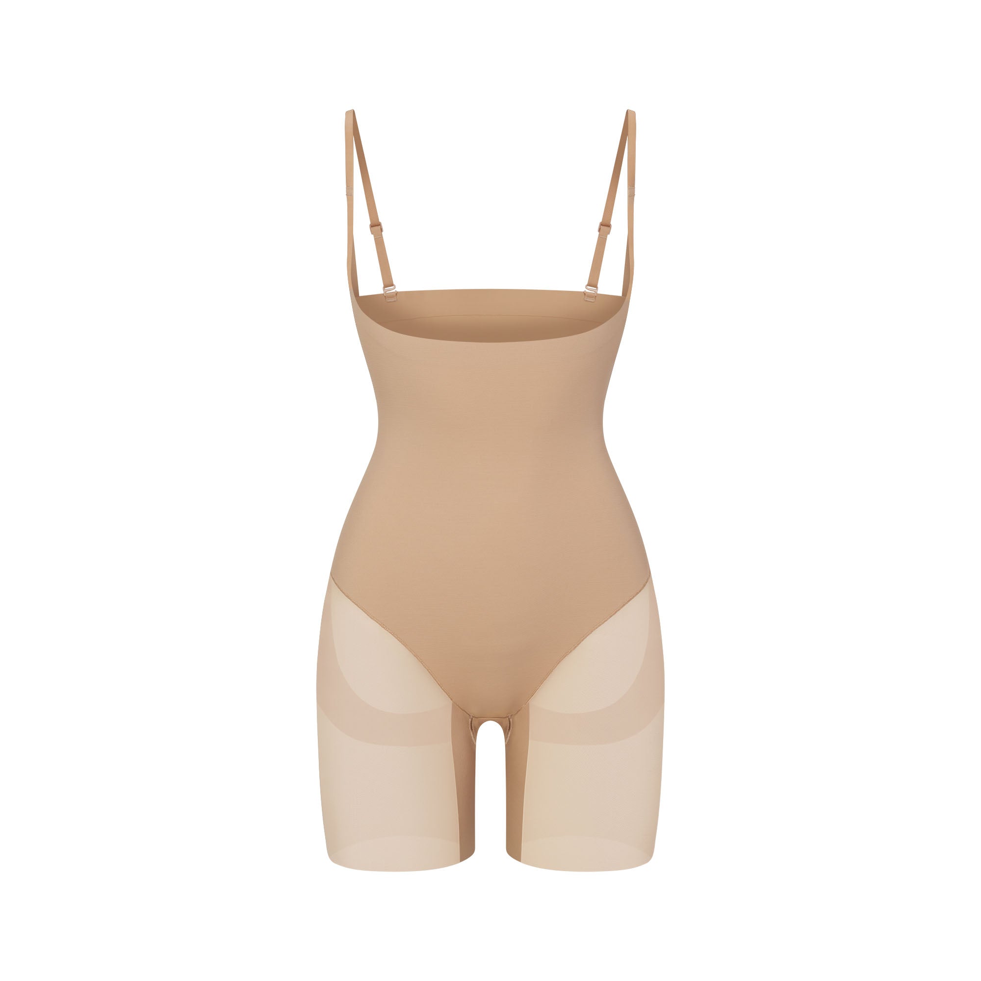 POWER MESH SHAPEWEAR CORE SCULPT OPEN BUST MID THIGH BODYSUIT | CLAY
