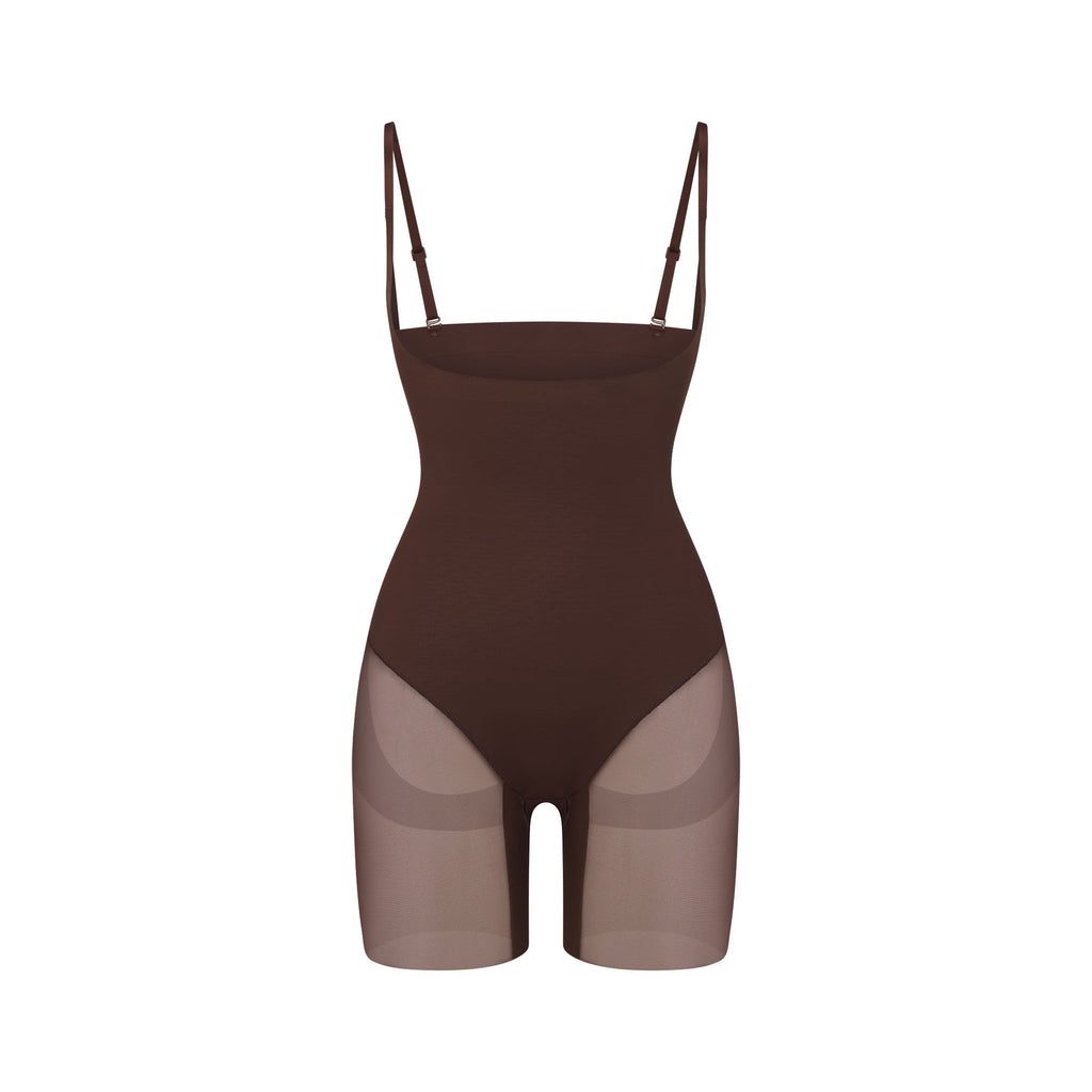 POWER MESH SHAPEWEAR CORE SCULPT OPEN BUST MID THIGH BODYSUIT | COCOA