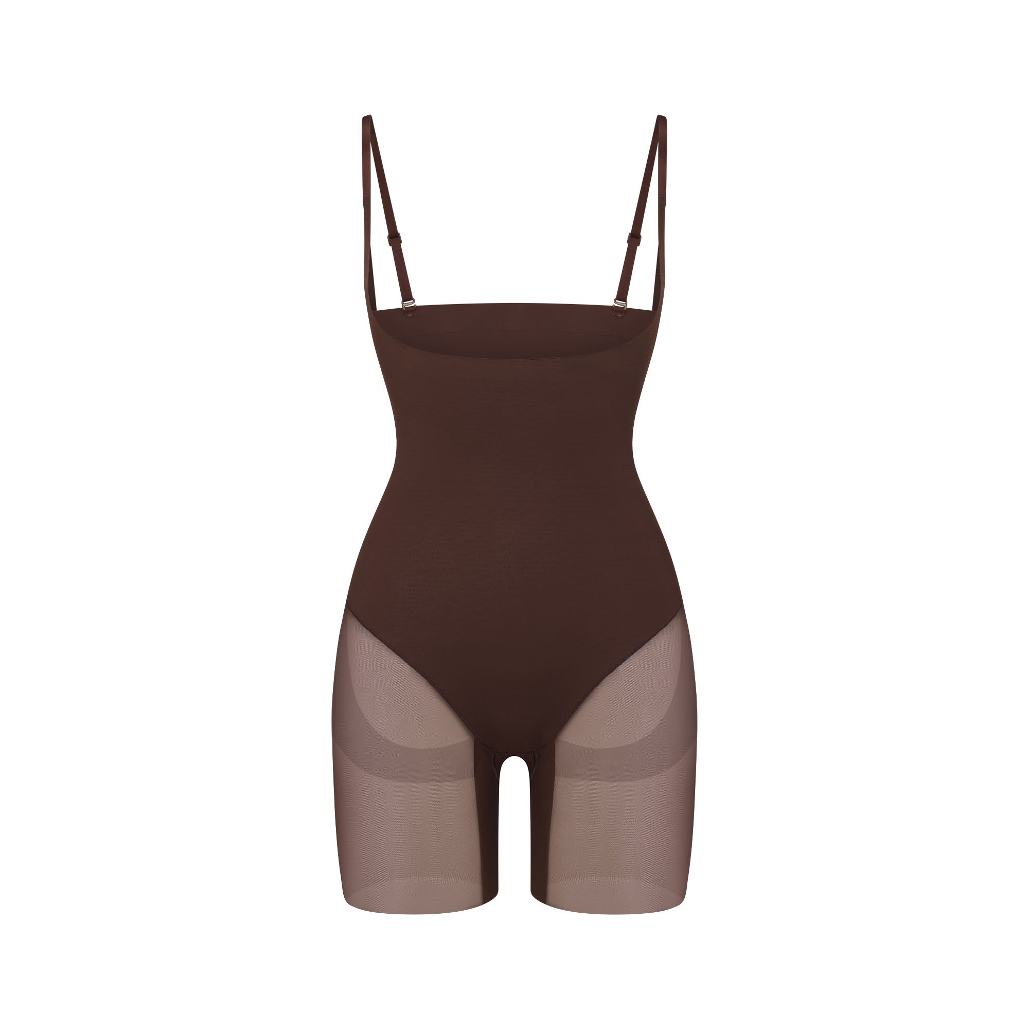 POWER MESH SHAPEWEAR CORE SCULPT OPEN BUST MID THIGH BODYSUIT | COCOA