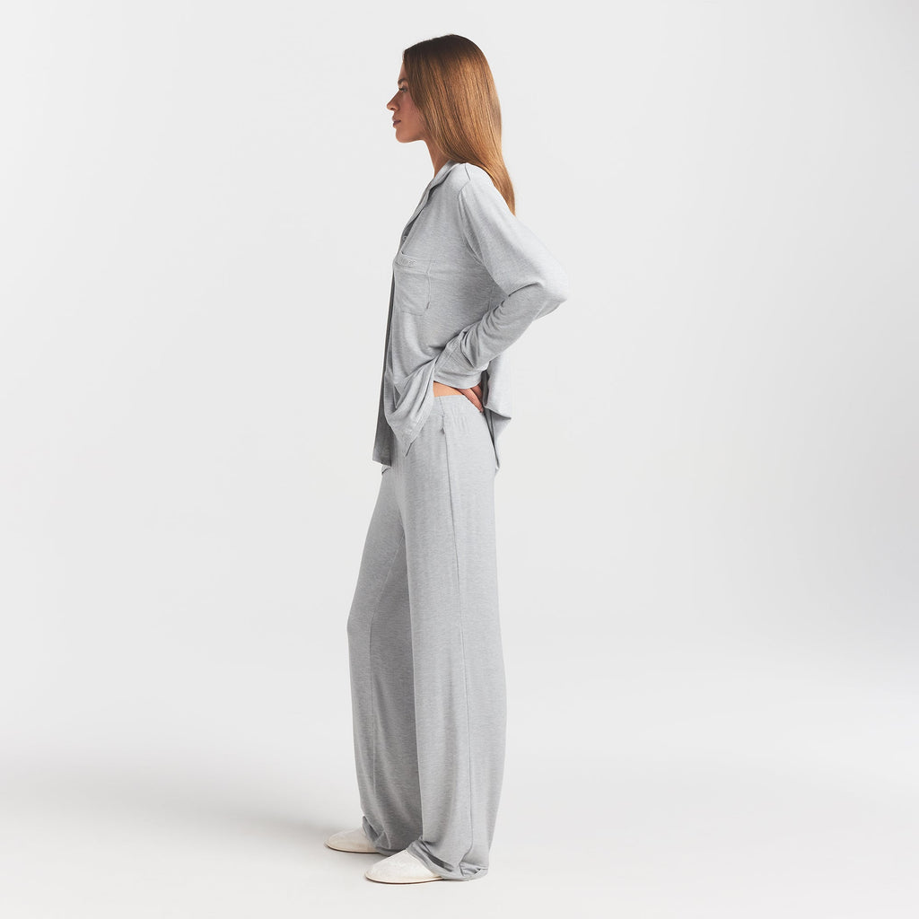 SKIMS SLEEP LONG SLEEVE BUTTON UP SET | LIGHT HEATHER GREY
