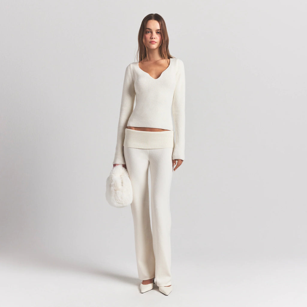SWEATER KNITS RIBBED LONG SLEEVE TOP | IVORY