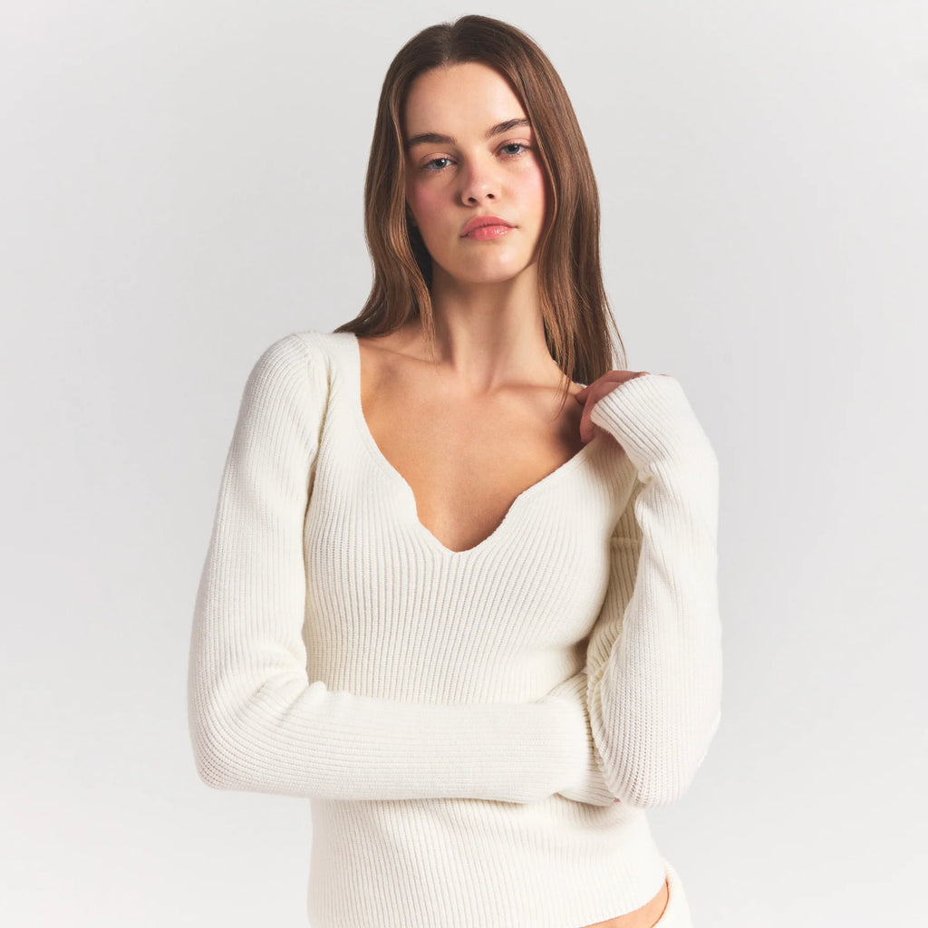 SWEATER KNITS RIBBED LONG SLEEVE TOP | IVORY
