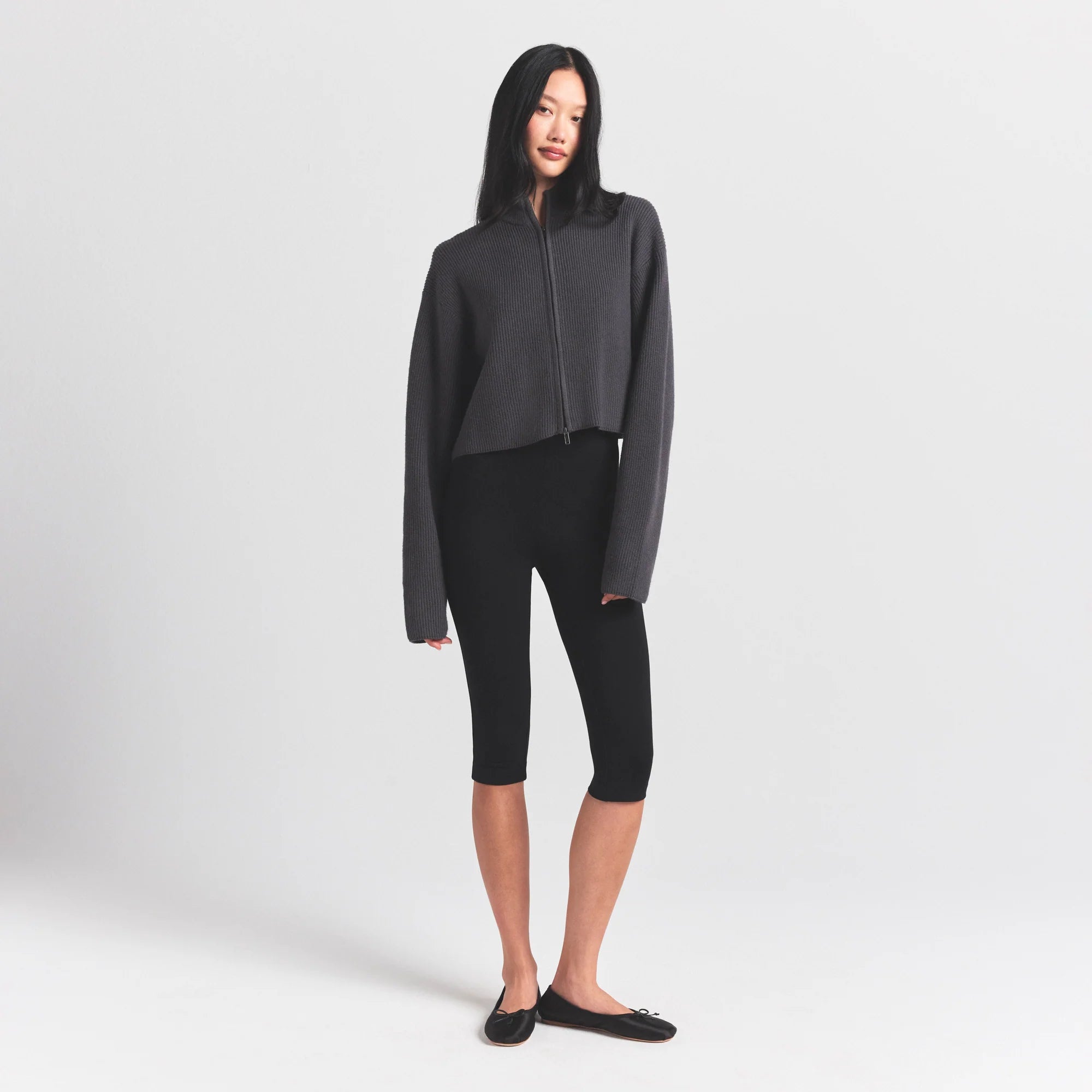 SWEATER KNITS RIBBED MOCK NECK ZIP UP | ASH