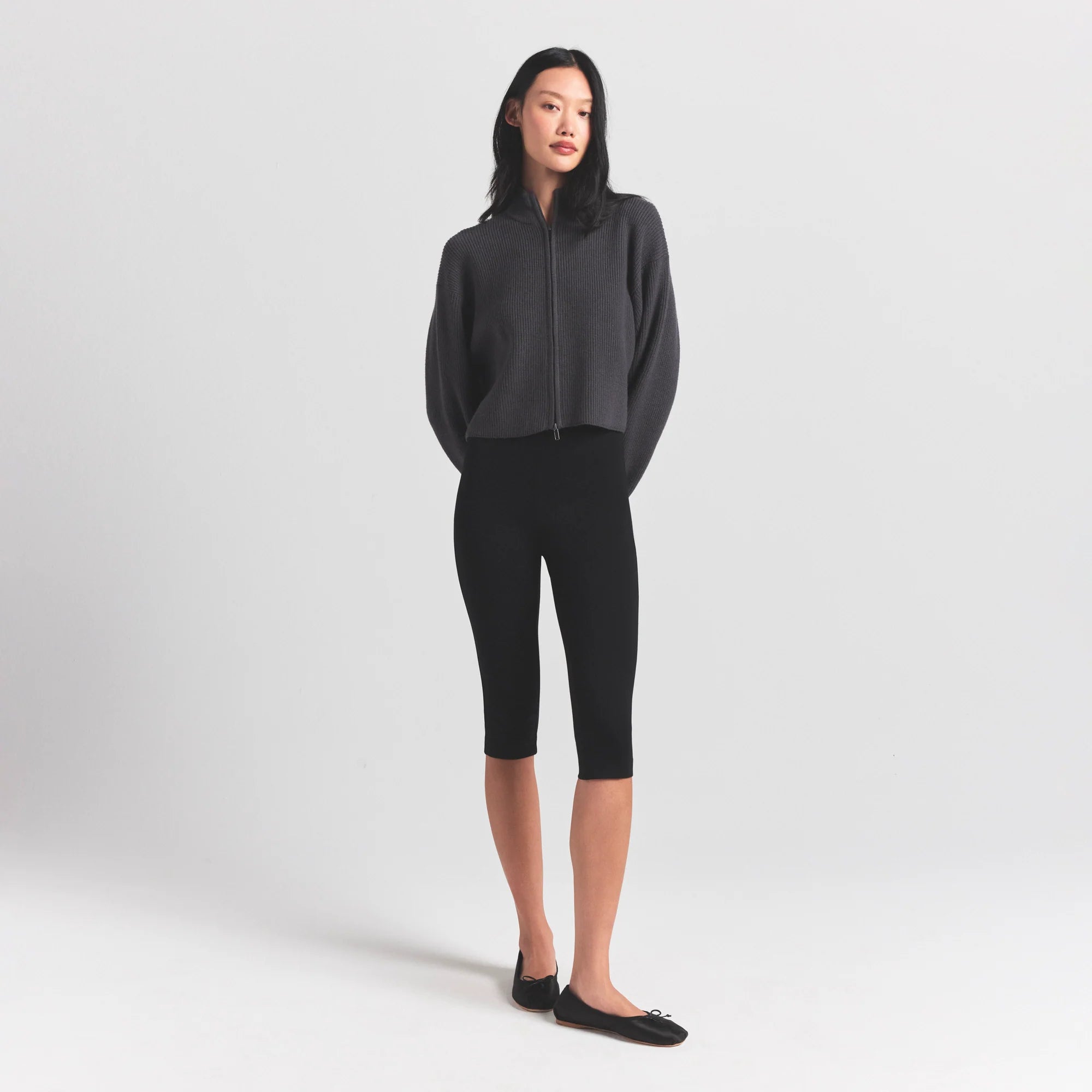 SWEATER KNITS RIBBED MOCK NECK ZIP UP | ASH