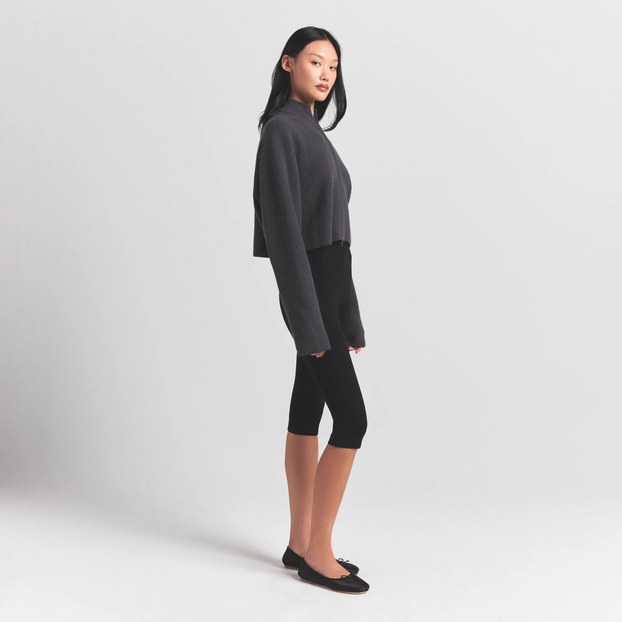 SWEATER KNITS RIBBED MOCK NECK ZIP UP | ASH
