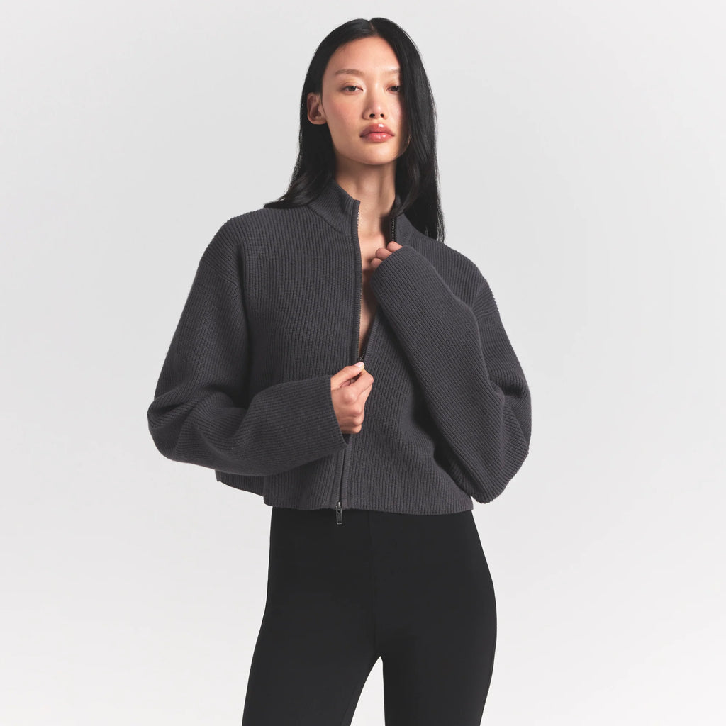 SWEATER KNITS RIBBED MOCK NECK ZIP UP | ASH