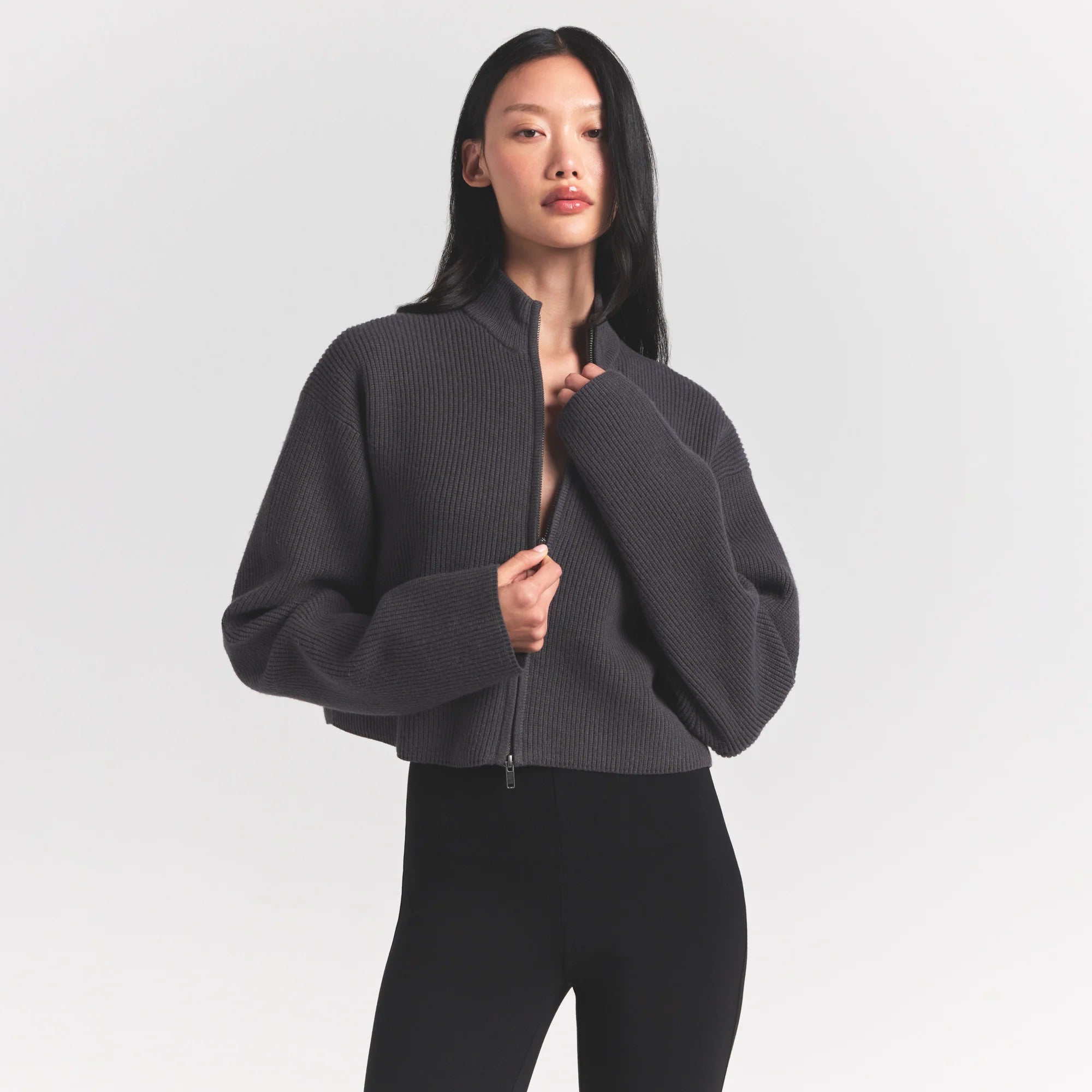 SWEATER KNITS RIBBED MOCK NECK ZIP UP | ASH