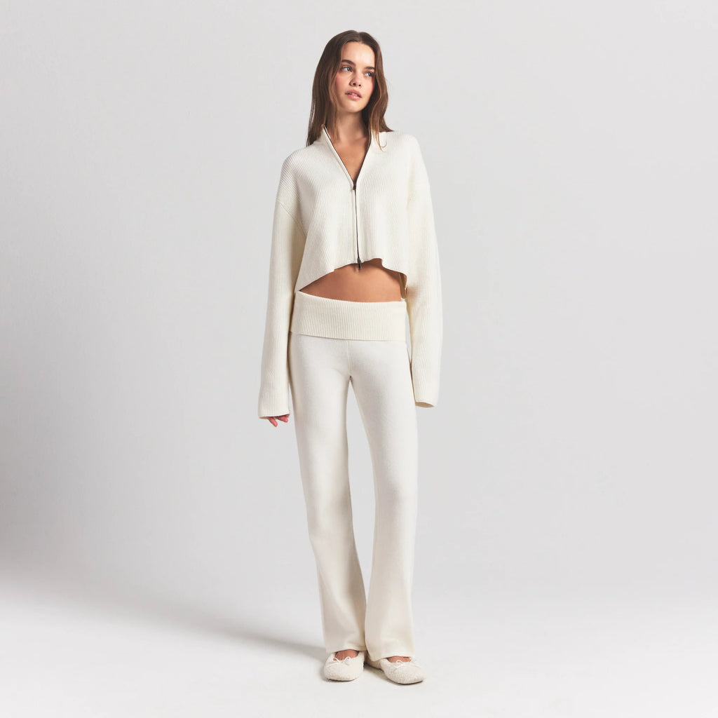 SWEATER KNITS RIBBED MOCK NECK ZIP UP | IVORY