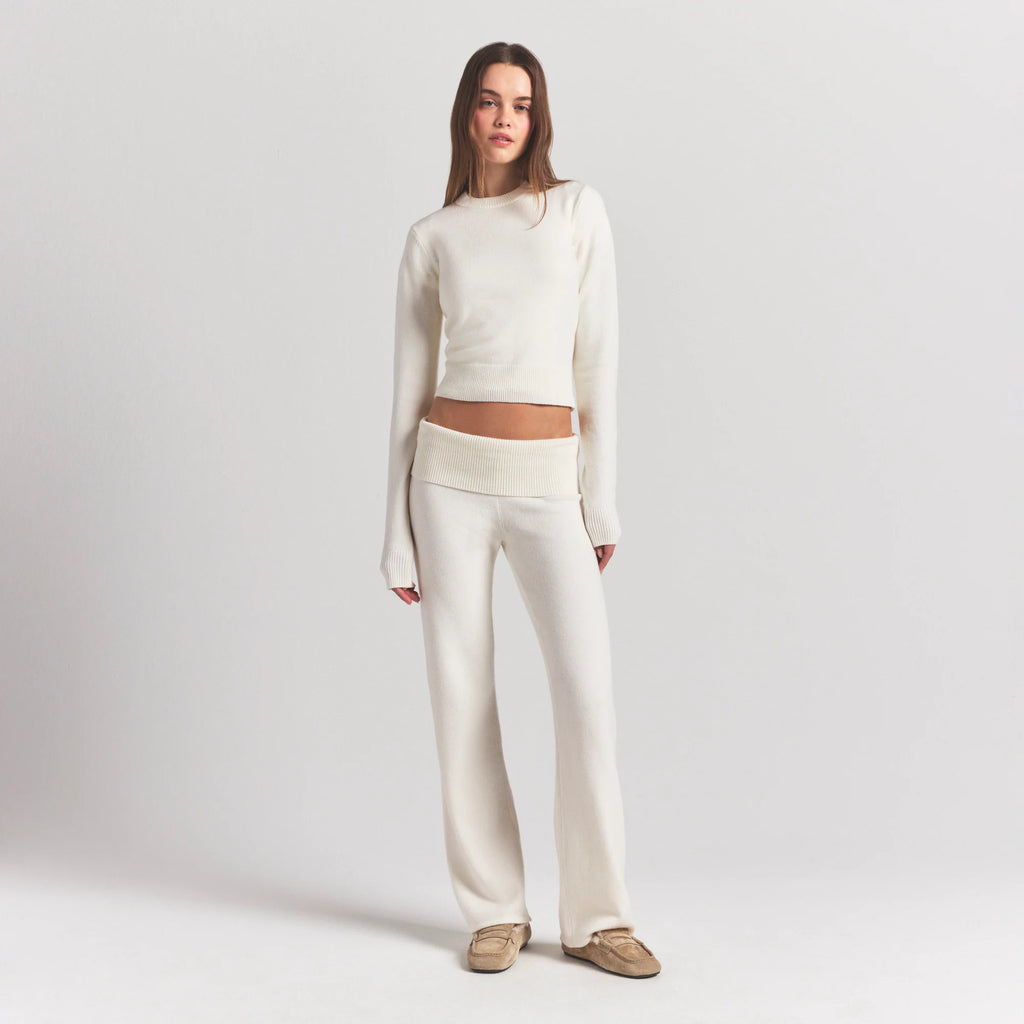 SWEATER KNITS RIBBED LONG SLEEVE FITTED CREW NECK | IVORY