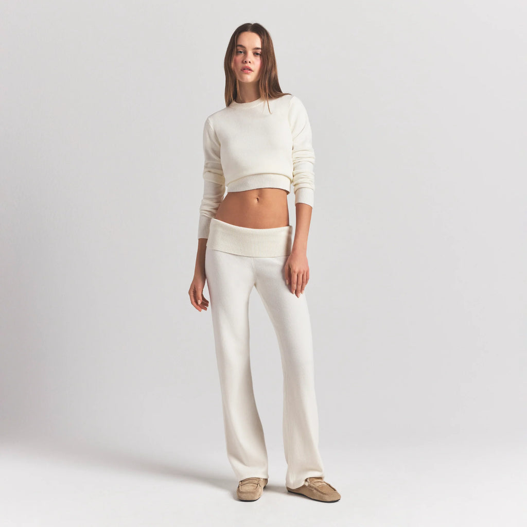 SWEATER KNITS RIBBED LONG SLEEVE FITTED CREW NECK | IVORY