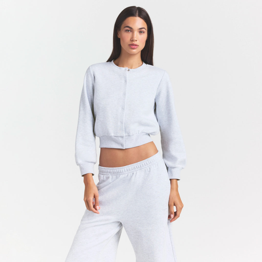 COTTON FLEECE SHRUNKEN CARDIGAN | LIGHT HEATHER GREY