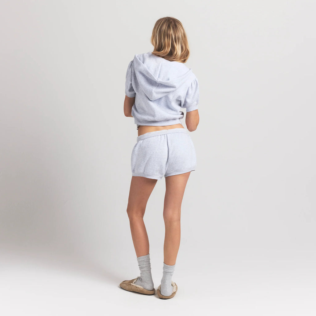 COTTON FLEECE BUBBLE SLEEVE CROPPED ZIP UP | LIGHT HEATHER GREY
